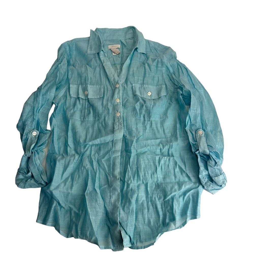 chicos 1 blue roll tab long sleeve button up blouse